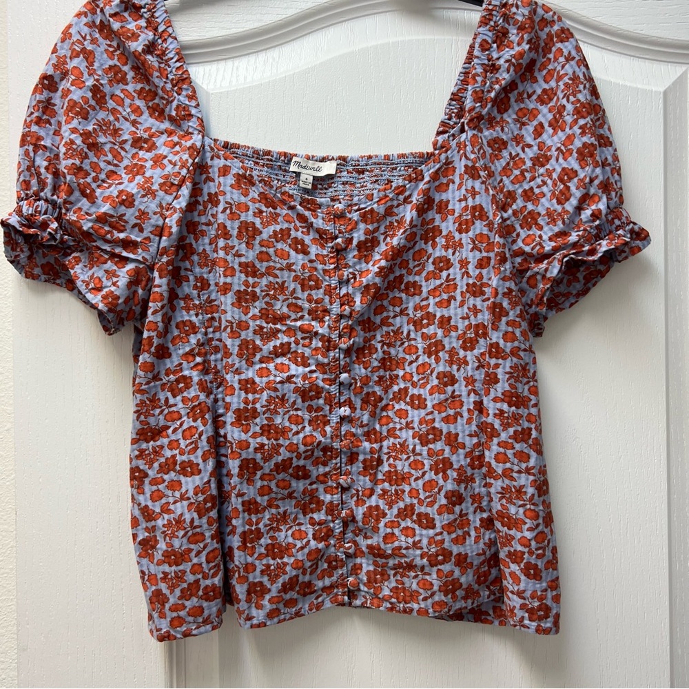 Madewell Fall Piccola Floral Puff Sleeves Smocked Top Sz 6